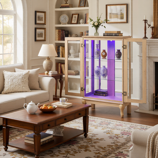 Sunvega American Retro Style Glass Curio Cabinet with Illuminated Display and Mirrored Back