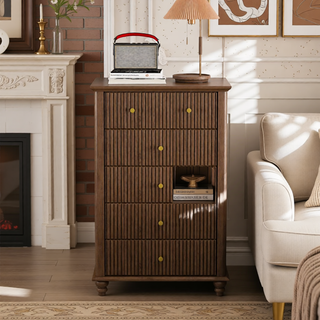 Sunvega Fluted 5 Drawer Dresser with Metal Handle and Wooden Top for Bedroom