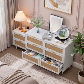 Sunvega Modern Natural Rattan 6 Drawer Dresser with Wood Legs for Bedroom Storage