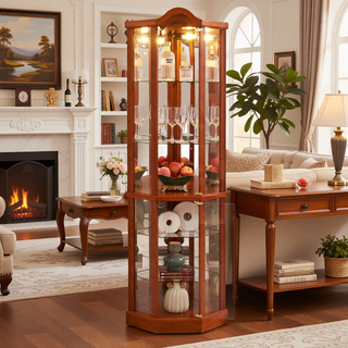 Sunvega Antique Glass Corner Curio Cabinet with Adjustable Shelves and Built-in Light