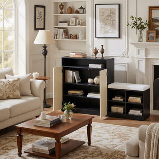 Sunvega Entryway Cabinet with Shoe Bench, 3-Tier Adjustable Shelves and Wavy Slatted Door