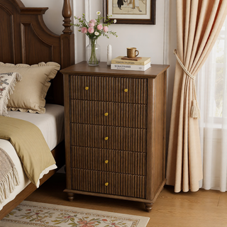 Sunvega Fluted 5 Drawer Dresser with Metal Handle and Wooden Top for Bedroom