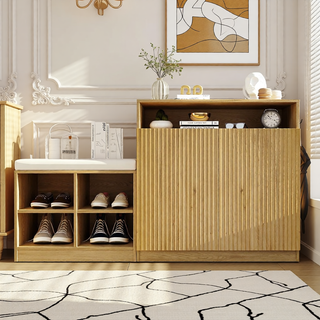 Sunvega Entryway Cabinet with Shoe Bench, 3-Tier Adjustable Shelves and Wavy Slatted Door
