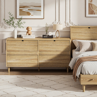 Sunvega 6 Drawer Rattan Dresser with Metal Handle and Wood Legs for Bedroom Storage