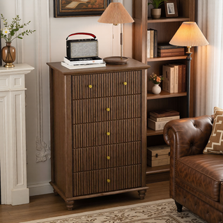 Sunvega Fluted 5 Drawer Dresser with Metal Handle and Wooden Top for Bedroom
