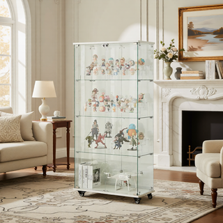 Sunvega 4 Tier Glass Display Cabinet with Lock and Wheels for Living Room