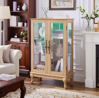 Sunvega American Retro Style Glass Curio Cabinet with Illuminated Display and Mirrored Back