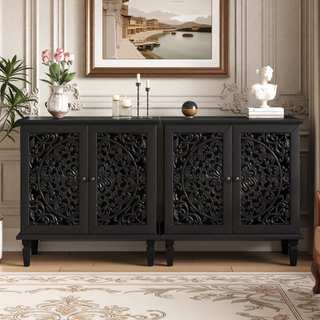 Sunvega Antique Green Buffet Cabinet with Floral Carvings and Solid Wood Legs for Living Room