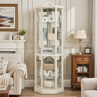 Sunvega Antique Glass Corner Curio Cabinet with Adjustable Shelves and Built-in Light