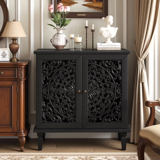 Sunvega Antique Green Buffet Cabinet with Floral Carvings and Solid Wood Legs for Living Room