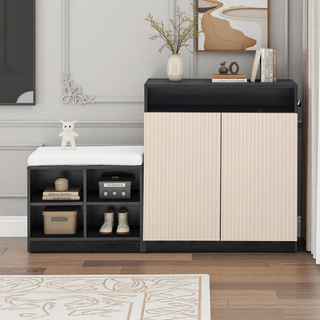 Sunvega Entryway Cabinet with Shoe Bench, 3-Tier Adjustable Shelves and Wavy Slatted Door