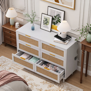 Sunvega Modern Natural Rattan 6 Drawer Dresser with Wood Legs for Bedroom Storage