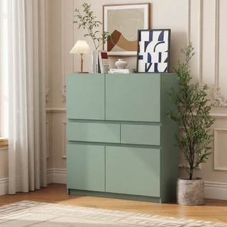 Sunvega White Wooden Storage Cabinet with 4 Doors and 2 Drawers for Living Room