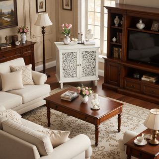 Sunvega Antique Green Buffet Cabinet with Floral Carvings and Solid Wood Legs for Living Room