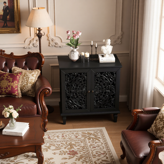 Sunvega Antique Green Buffet Cabinet with Floral Carvings and Solid Wood Legs for Living Room