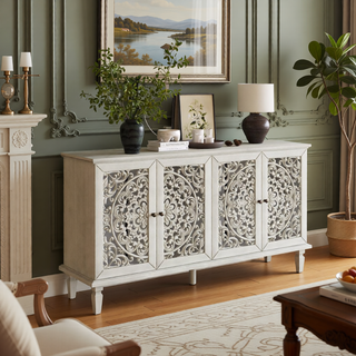 Sunvega Antique Green Buffet Cabinet with Floral Carvings and Solid Wood Legs for Living Room