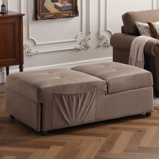 Sunvega Dark Blue Velvet Tufted Solid Wood Lift Top Storage Bench with Pull-out Ottoman