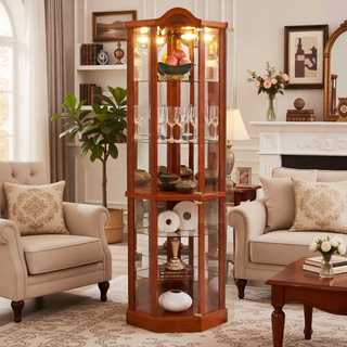 Sunvega Antique Glass Corner Curio Cabinet with Adjustable Shelves and Built-in Light