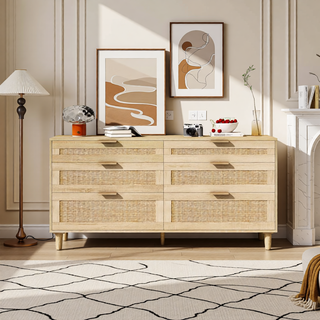 Sunvega 6 Drawer Rattan Dresser with Metal Handle and Wood Legs for Bedroom Storage