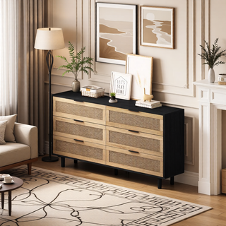 Sunvega 6 Drawer Rattan Dresser with Metal Handle and Wood Legs for Bedroom Storage