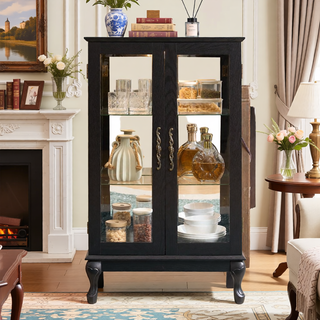 Sunvega American Retro Style Glass Curio Cabinet with Illuminated Display and Mirrored Back