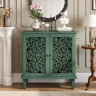 Sunvega Antique Green Buffet Cabinet with Floral Carvings and Solid Wood Legs for Living Room
