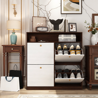 Sunvega 4 Tier Shoe Rack Organizer with Drawer and Two Adjustable White Door Shelves