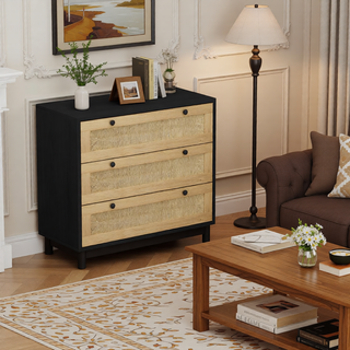 Sunvega Modern Oak Rattan Storage Cabinet with 3 Deep Drawers for Bedroom Living Room