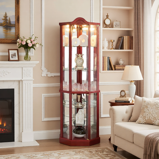 Sunvega Antique Glass Corner Curio Cabinet with Adjustable Shelves and Built-in Light