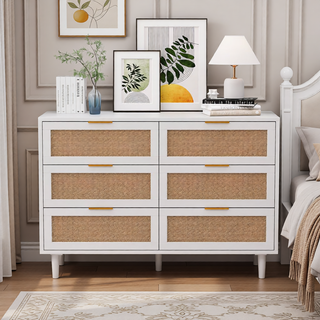 Sunvega Modern Natural Rattan 6 Drawer Dresser with Wood Legs for Bedroom Storage