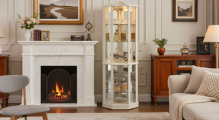 Sunvega Antique Glass Corner Curio Cabinet with Adjustable Shelves and Built-in Light