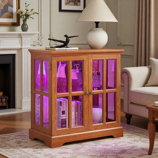 Sunvega Retro LED Curio Display Cabinet with Adjustable Glass Shelves and Magnetic Closure