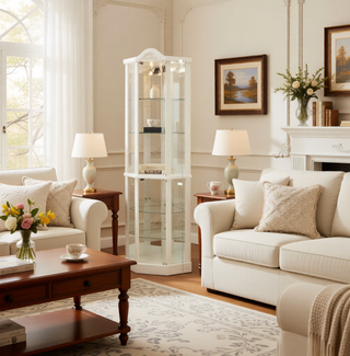 Sunvega Antique Glass Corner Curio Cabinet with Adjustable Shelves and Built-in Light