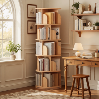 Sunvega 360° Rotating Bookshelf with Wheels and Drawer for Space-Saving Storage
