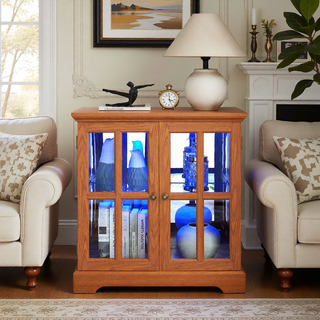 Sunvega Retro LED Curio Display Cabinet with Adjustable Glass Shelves and Magnetic Closure