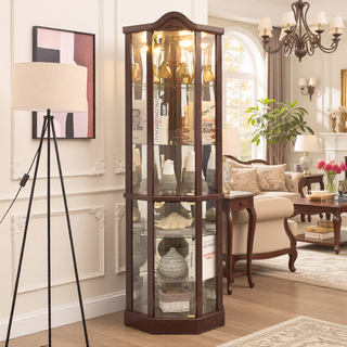 Sunvega Antique Glass Corner Cabinet with Adjustable Shelves and Built-in Light