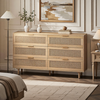 Sunvega Modern Natural Rattan 6 Drawer Dresser with Wood Legs for Bedroom Storage