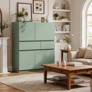 Sunvega White Wooden Storage Cabinet with 4 Doors and 2 Drawers for Living Room