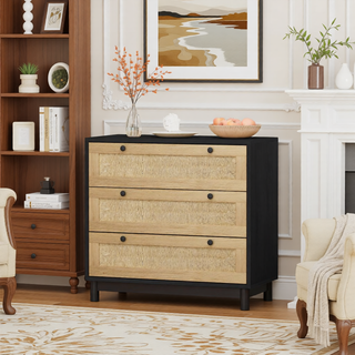 Sunvega Modern Oak Rattan Storage Cabinet with 3 Deep Drawers for Bedroom Living Room