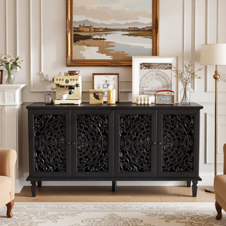 Sunvega Antique Green Buffet Cabinet with Floral Carvings and Solid Wood Legs for Living Room