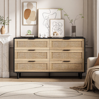 Sunvega Modern Natural Rattan 6 Drawer Dresser with Wood Legs for Bedroom Storage