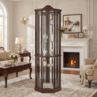 Sunvega Antique Glass Corner Curio Cabinet with Adjustable Shelves and Built-in Light