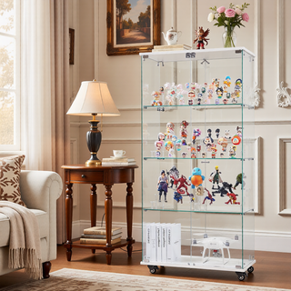 Sunvega 4 Tier Glass Display Cabinet with Lock and Wheels for Living Room