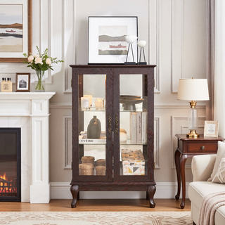 Sunvega American Retro Style Glass Curio Cabinet with Illuminated Display and Mirrored Back