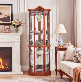 Sunvega Antique Glass Corner Cabinet with Adjustable Shelves and Built-in Light