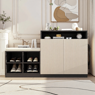 Sunvega Entryway Cabinet with Shoe Bench, 3-Tier Adjustable Shelves and Wavy Slatted Door