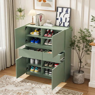 Sunvega White Wooden Storage Cabinet with 4 Doors and 2 Drawers for Living Room