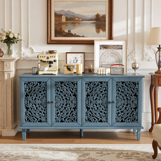 Sunvega Antique Green Buffet Cabinet with Floral Carvings and Solid Wood Legs for Living Room