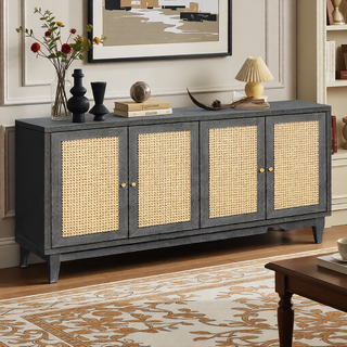 Sunvega Handcrafted Premium Grain Rattan Sideboard Storage Cabinet with 4 Doors