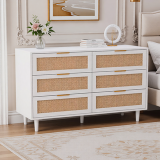 Sunvega Modern Natural Rattan 6 Drawer Dresser with Wood Legs for Bedroom Storage